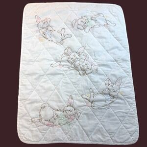 Vintage Baby Quilt Sleeping Bunnies Embroidered Crib Blanket Nursery 25x 32 1/2